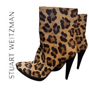 Stuart Weitzman Leopard Print Haircalf Ankle Boots - Brown & Black